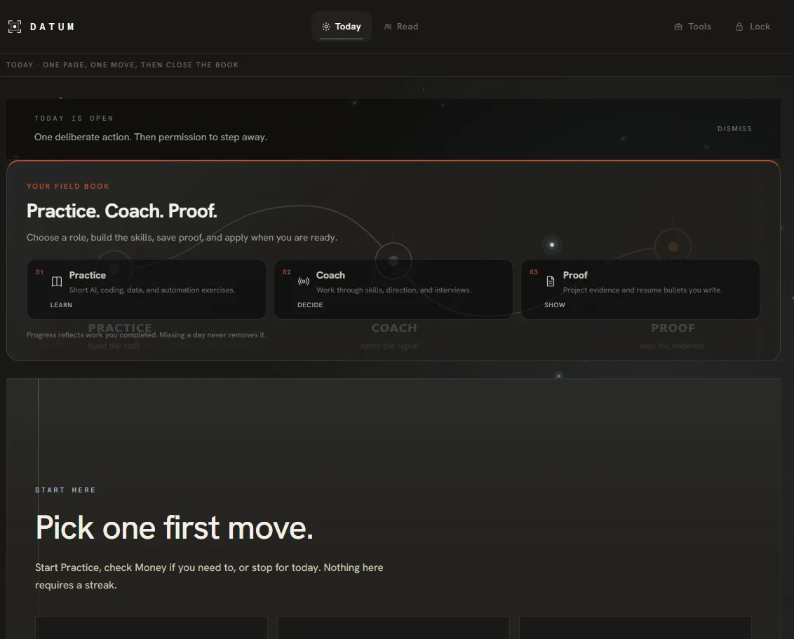 Datum's Today page with Practice, Coach, and Proof