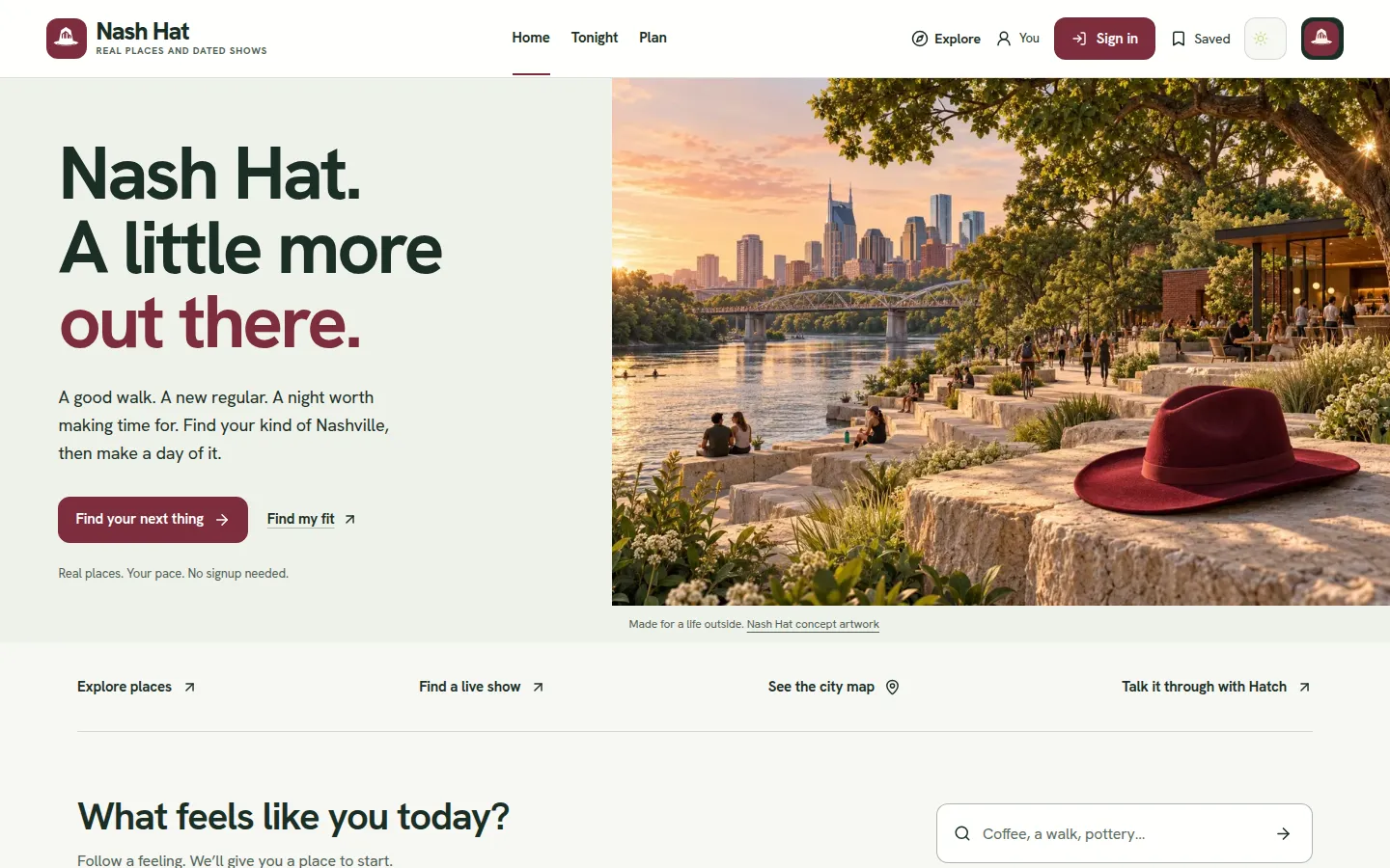 Nash Hat homepage, with the line Nash Hat. A little more out there. and a river walk in Nashville.