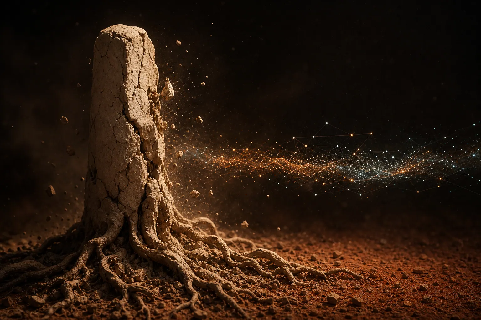 Cracked clay form releasing a quiet stream of networked light