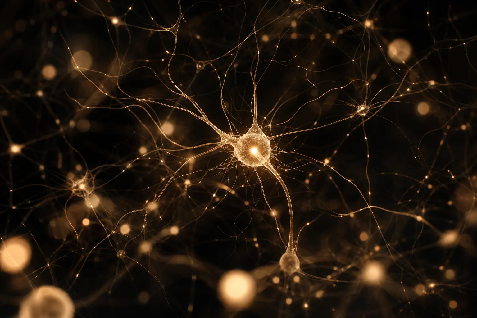 Warm gold neural filaments against a dark field