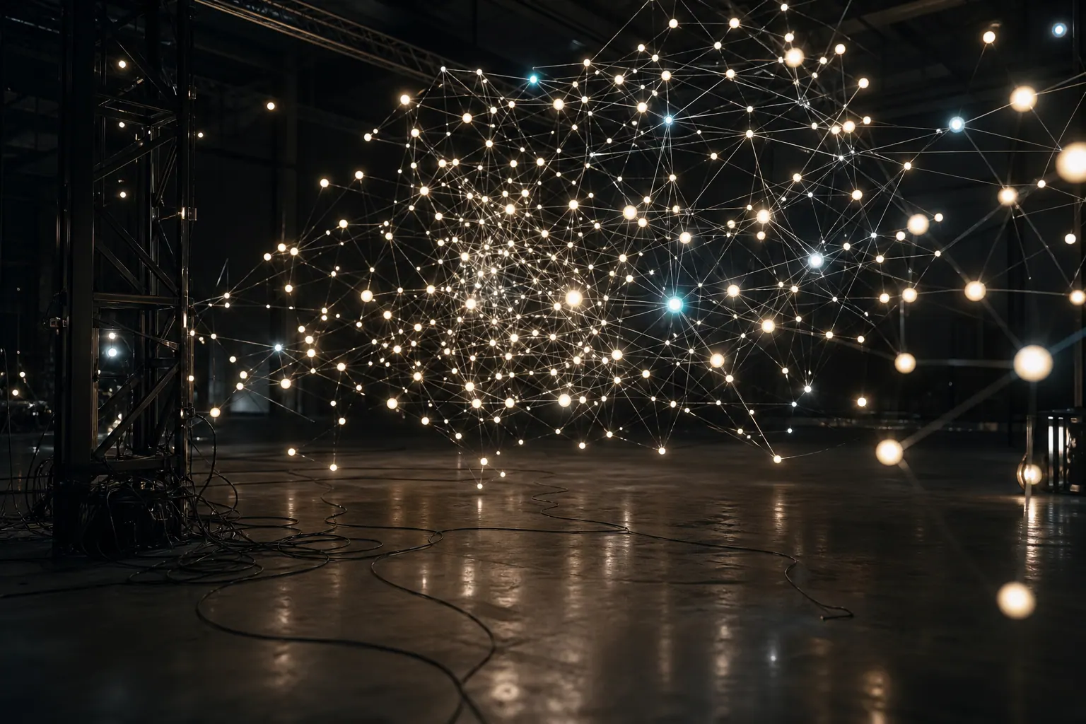 A constellation of light nodes suspended in a dark industrial atelier